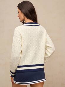 Activina Sweter damski w paski z dekoltem w serek i długimi rękawami, z warkoczowym wzorem