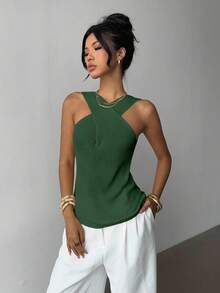 Selianne Top de punto minimalista con cuello cruzado, diseño de nicho casual - Verde - Ver 5