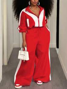 Slaydiva 2 sztuki/zestaw Plus Size Women 2025 Wiosna Jesień Swobodny Sportowy Strój Uliczny - Luźny Kontrastowy Kolor Patchwork Podzielony Hem Ściągacz Długi Rękaw Koszula Kołnierz Zamek Błyskawiczny Top I Ekstra Szerokie Nogawki Długie Spodnie, Tkanina Tkana - Czerwony i biały - Zobacz 4
