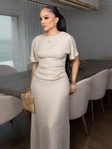 Melissa Matos Women Summer Solid Color Linen Blended Casual Dress, Butter Yellow, Dresses Classy Elegant, Tie Event Dress Women Formal Party Dress Women Party Dresses Women's Long Dresses Women's Formal Dress Women Long Dresses Women Formal Dresses Women's Summer Dresses, Graduation Dresses - Apricot - View 4