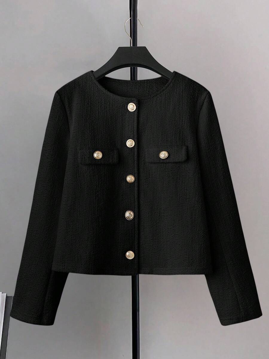 Franclia 女士优雅提花针织长袖金属纽扣大衣，秋冬女装