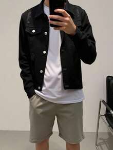 青少年男孩时尚休闲复古 Y2K 黑色牛仔宽松夹克，儿童服装，男孩服装，日常穿着，百搭时尚单品，适合全年穿着，度假和海滩穿着 - 黑色 - 查看 5