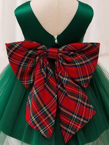 Glamorique Kids Vestido de satén verde con encaje para niñas con lazo grande en la espalda a cuadros, cinturón de cintura de color block, vestido de tirantes, vestido de cumpleaños para bebé niña, disfraz de fiesta de actuación, vestido para bebé niña - Verde - Ver 3