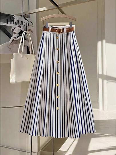 Franclia Falda larga plisada con cinturón marrón, de cintura elástica, de estilo casual y versátil