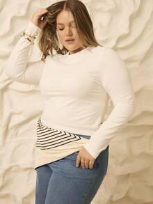 Aralina Plus Size Solid Color Casual All-Match T-Shirt - White - View 5