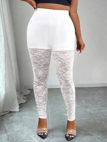 Elenzga Leggings sexy minimalistas de encaje calado de unicolor talla grande - Blanco - Ver 4
