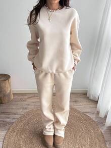 Sunnyshic 女士纯色圆领宽松落肩休闲百搭运动衫套装 - 杏色 - 查看 4