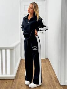 EURMUSE Contrast Embroidered Piping Detailed Hoodie With Side Stripe Bottom Tracksuit Two-Pieces Set - Navy Blue - View 7