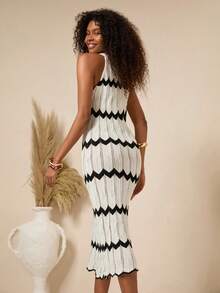 Bóhologie Women's Summer Vacation Wavy Striped Hollow Out Crochet Halter Cover Up Dress - Black and White - View 2