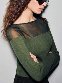 Lumivelle Women's Elegant Fashionable Minimalist Versatile Fitted Organza Semi-Sheer Off Shoulder Sweater, Autumn/Winter Fall Cloth For Women - Army Green - View 1