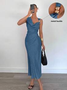 Siren Gaze Women's Casual Holiday Women's Dress, Elegant Asymmetric Design Metal Buckle Long Dress Women, Cocktail Party Dress Fall Dresses Dresses For Women Party Off The Shoulder Dress Summer Evening Dress - Medium Wash - View 3