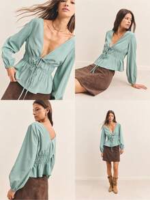 Nöista 这款长袖衬衫采用深V领设计，并配有可调节腰带。荷叶边下摆更添优雅气质，尽显女性柔美。无论是春秋季的休闲装扮，还是夜晚外出，亦或是特殊场合，都是您的理想之选。搭配高腰裙或裤装，轻松打造优雅摩登的造型。 - 綠色 - 查看 1