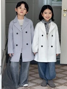 Genkimix Kids 少女简约双排扣纯色羊毛大衣 - 米色 - 查看 4