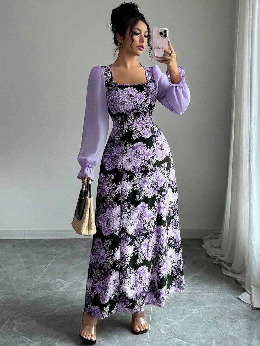 Modelyn 女式方领泡泡袖收腰飘逸连衣裙，花卉印花，优雅度假装 - 彩色 - 查看 1