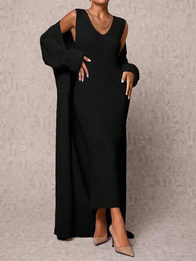 EURMUSE Women's Oversized Drop Shoulder Knitted Sweater Dress & Cardigan Two Pieces Set