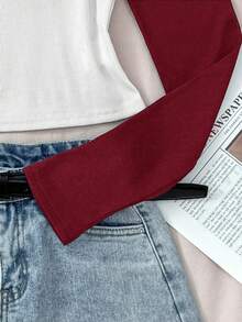 少女白色和红色拼接罗纹针织圆领长袖纯色休闲复古T恤 - 紅白色 - 查看 4