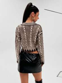 EURMUSE Women's Autumn Round Neck Drop Shoulder Long Sleeve Cropped Fashionable Metallic Embossed Cable Knit Pullover Sweater,Jumper,Cream Jumper,Jumpers,Christmas Jumper,White Jumper,Black Jumper,Ladies Jumper,Women's Jumpers - Brown - View 2