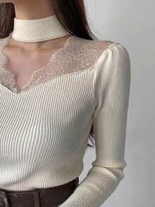DAZY 法式蕾丝拼布露背汗衫，独特设计女式毛衣 - 米色 - 查看 8