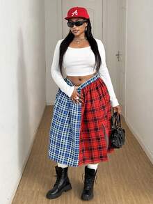 Maweii Gonna midi aderente da donna taglie forti, con design a spacco alto e fantasia a quadri colorati, versatile per feste, festival musicali, primavera/autunno 2025 - Multicolore - Visualizzare 6