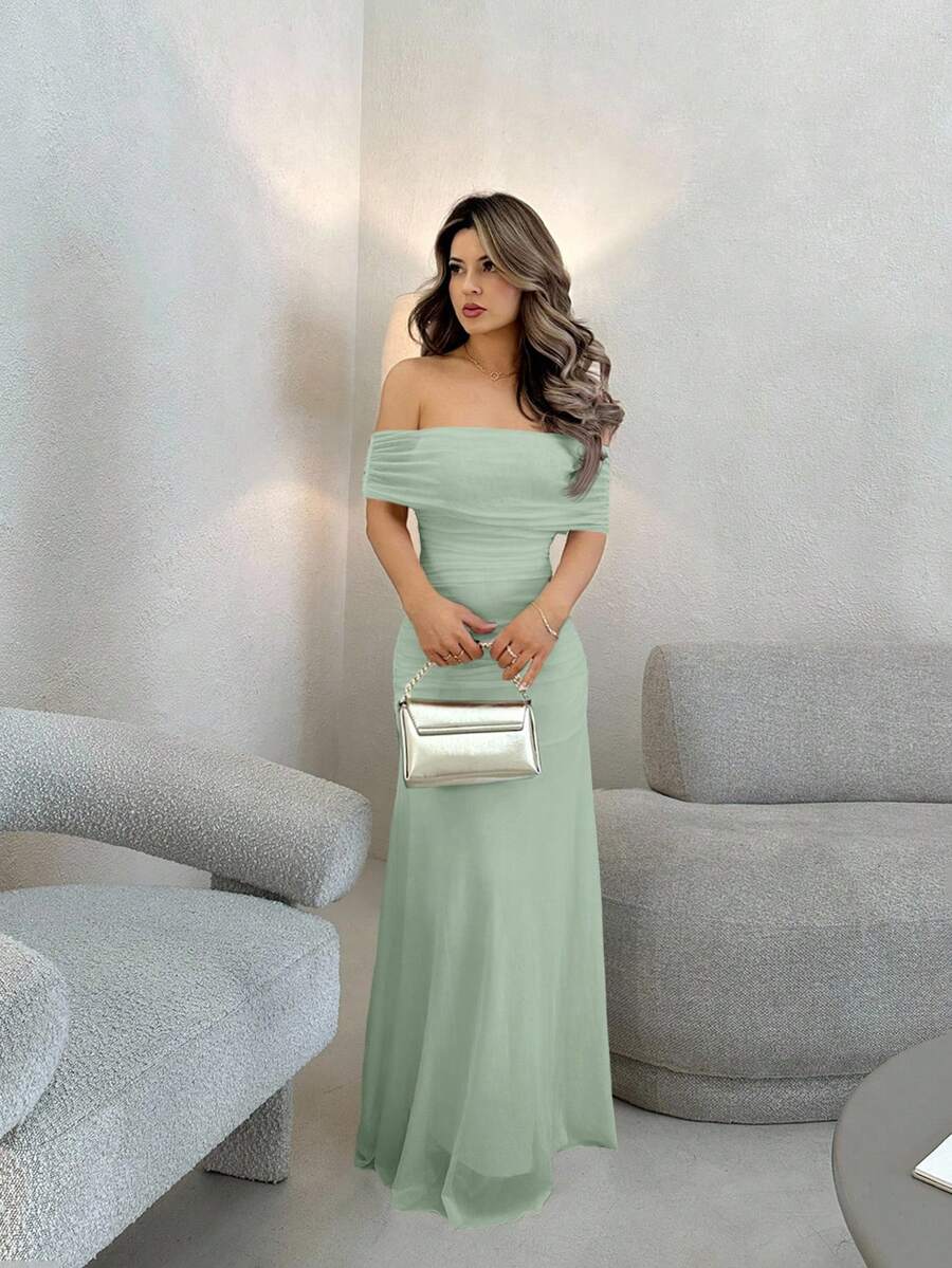 Jemour Women's Off Shoulder Ruched Waist Elegant Long Dress, Suitable For Wedding Or Date - Mint Green - View 1