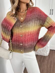 EMERY ROSE Gradient Dropped Shoulder Ribbed Knit Casual Cardigan, Blended Mohair Yarn Fall Winter Cloth For Women, Christmas