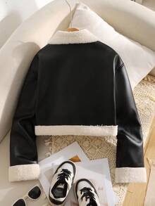 SHEIN Kurtka-płaszcz dla dziewcząt w stylu casual street chic w stylu motocyklowym z metalowym zamkiem błyskawicznym, z podszewką z poliuretanu, z polaru kompozytowego, z krótkim rękawem i klapami, ze sztucznego futra, w kolorze czarnym, na jesień/zimę