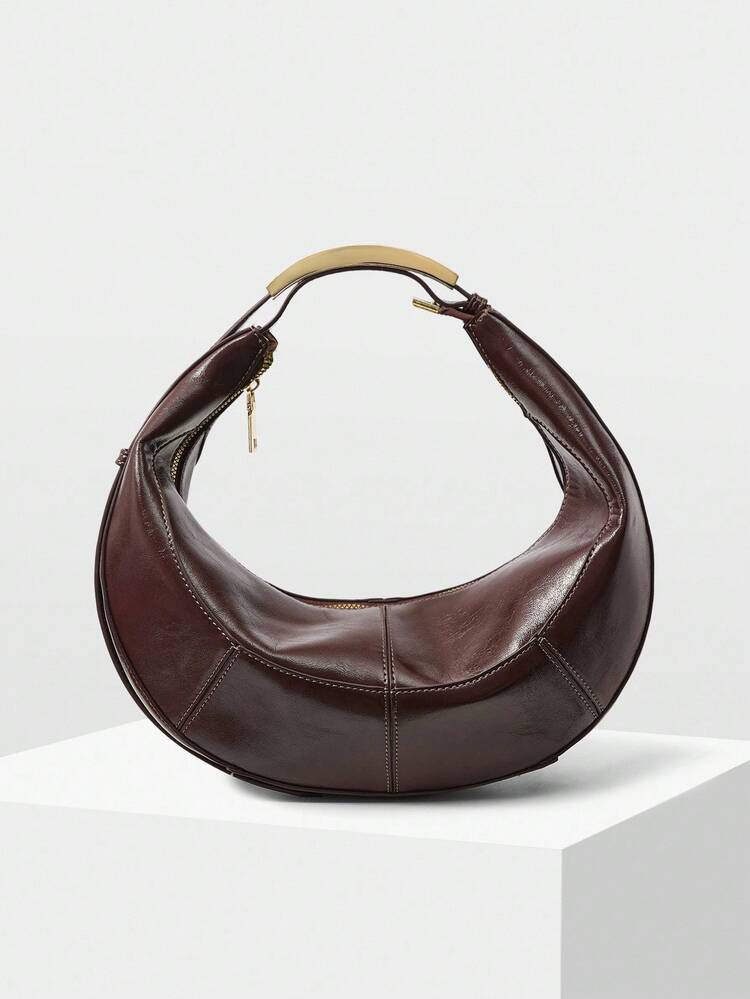 PU LEATHER ZIPPER TOP HANDLE BAG ESPRESSO BROWN