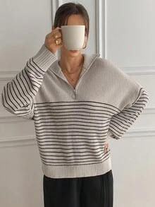 DAZY Stylish Black & White Striped Stand Collar Zip-Up Long Sleeve Sweater, Casual Oversized Pullover For Women Winter - Black and White - View 7