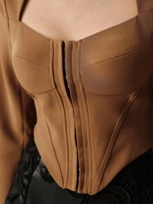 SHEIN Unity Áo khoác nữ tay dài cổ tim màu trơn cài nút phía trước thanh lịch, mùa thu - Cà phê nâu - Xem 7