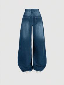 EURMUSE Women's Pocketed Wide Leg Casual Loose Fit Jeans - Dark Wash - View 2