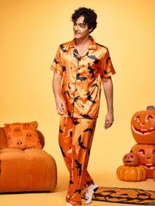 Notgurli 2 szt. zabawny nadruk graficzny na Halloween, rodzic-dziecko, impreza rodzinna, duch, dynia, kołnierz, spodnie z krótkim rękawem, wygodny domowy, miękki, bawełniany, satynowy zestaw piżamowy dla mężczyzn - Czarne - Zobacz 3