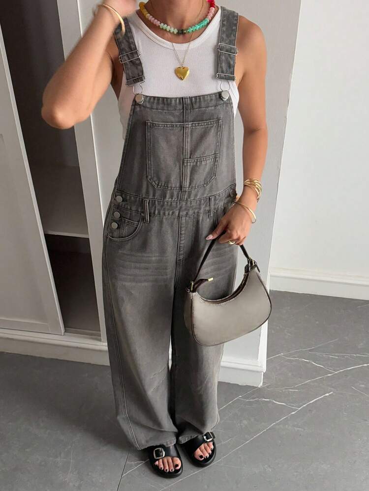 Women's Loose Casual Distressed Washed Denim Bib Pants, Autumn/Winter Overalls Women Jeans