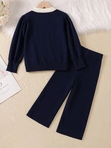 Genkimix Kids Young Girls Sweater Co-Ords, Cute 3D Bow Ruffle Trim Knit Sweater Set, Loose Versatile Cardigan + Pants 2-Piece Outfit, Long Sleeve Knitted Sweater Set, Suitable For Daily Wear, Outings, Travel In Autumn/Winter Fall