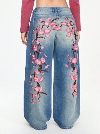 Grunge Punk Vintage Y2K Streetwear weite Jeans in Große Größen für Frauen mit Kirschblüten-Stickerei Design