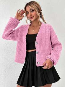 EURMUSE 女士休闲纯色罗纹落肩长袖开衫 - 淺粉色 - 查看 5