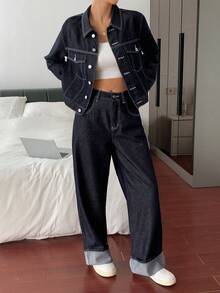 DAZY 宽松复古休闲百搭美式时尚新款牛仔夹克套装 - 藏蓝色 - 查看 1