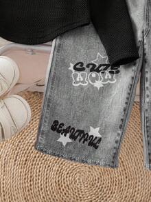 SHEIN 2 件 Babygirl 可爱休闲针织字母印花长袖上衣和松紧腰裤套装