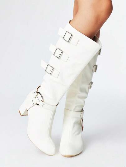 Kawaii Women's White Buckle Pointed Toe Low Heel Mid-Calf Boots