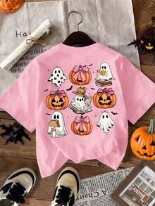 SHEIN 万圣节女式休闲创意南瓜、蝴蝶结、鬼与妖精图案印花圆领短袖 T 恤，节日风格 - 粉色 - 查看 3