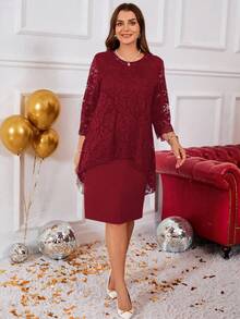 EMERY ROSE Đầm dự tiệc màu đỏ sang trọng, trang phục mùa đông cho nữ, ngày lễ tình nhân, cổ tròn tay dài, viền cong, viền ren cỡ lớn - Đỏ - Xem 4