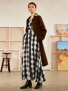 Chiquease Abito casual lungo a quadri classico nero, bianco e grigio con colletto alla coreana, design in vita e spalle scoperte, per donna, adatto per primavera/autunno - Multicolore - Visualizzare 5