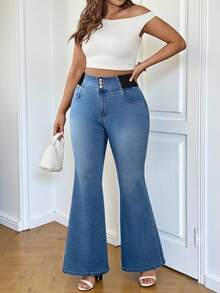 SHEIN Tall CURVE Plus Size Blue Summer Smart Casual Everyday Women's Slim Fit Flare Leg Jeans,Washed Denim Work Clothes For Teacher,Vintage Streetwear Modest Pants - Blue - View 3