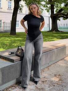 Jeta Ari 女式宽松口袋阔腿休闲牛仔裤 - 灰色 - 查看 5