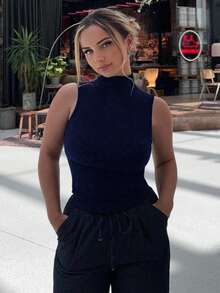 Jeta Ari Women High Neck Bodycon Sleeveless Cami Tank Top - Navy Blue - View 6