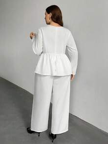Firerie Plus Size Casual Solid Color Long Sleeve Top And Pants 2 Pieces Set, Suitable For Commuting, Autumn - White - View 2