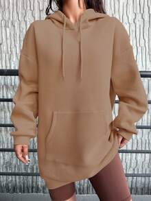 EURMUSE Cotton Pocket Drop Shoulder Drawstring Thermal Hoodie - Light Grey - View 4