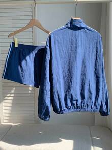 Comfortcana Women's Fall Casual Commuter Contrast Stripe Jacket And Shorts 2 Pieces Set Navy Blue Jacket Women Track Jacket,Halloween Outfit