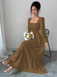 Elenzga Spring/Autumn New Cream Yellow French Design Puff Sleeve Patchwork Frill Trim Elegant High-Waist Slim Long Sleeve Dress - Brown - View 8