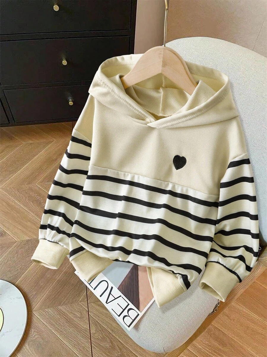 Genkimix Kids 1pc Young Girl Striped Pattern Heart Emboidery Sweatshirt Chic Autumn Sweatshirt Fall Winter - Apricot - View 1
