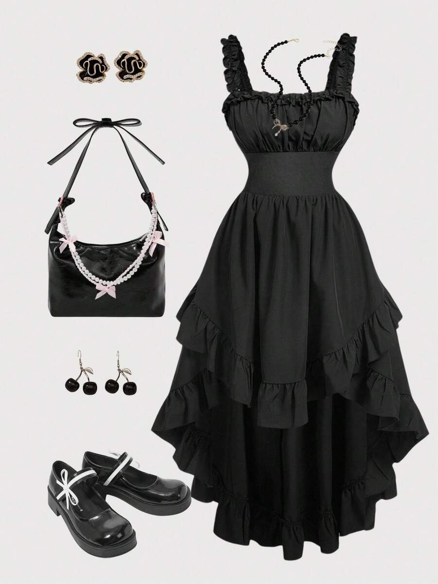 SHEIN MOD Váy dài màu đen không tay xếp nếp phong cách cung điện cổ điển viền bất đối xứng thanh lịch lãng mạn cho nữ, mùa thu, mùa thu, sang trọng, trang phục biểu diễn - màu đen - Xem 1